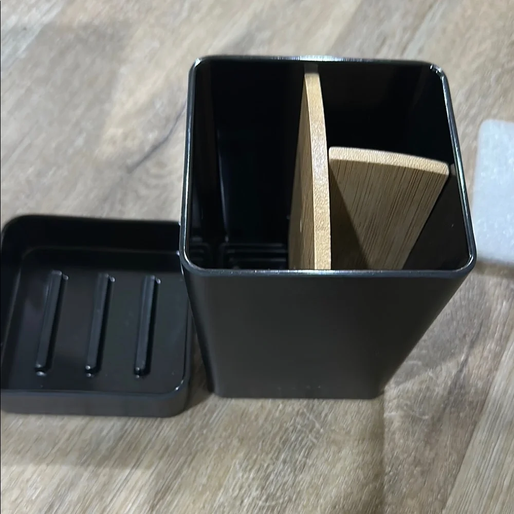 Black  Storage Container with Wooden Divider - bath organizer with tray